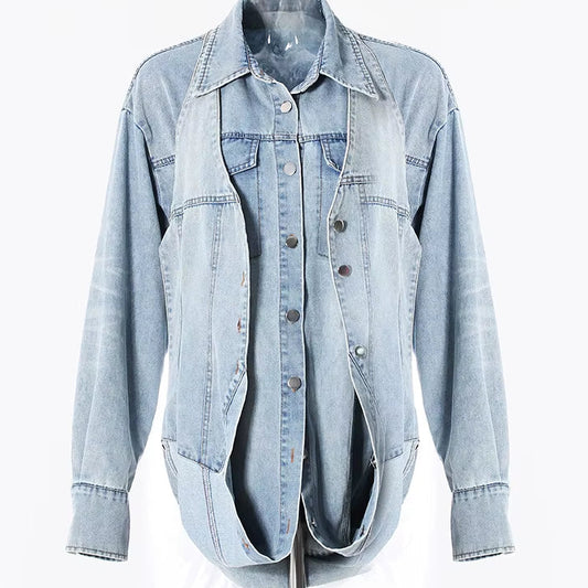 OUDINA Fashion Retro Light Washed Shirt Jacket Casual Ladies Jackets Trend Street Style Denim Jacket
