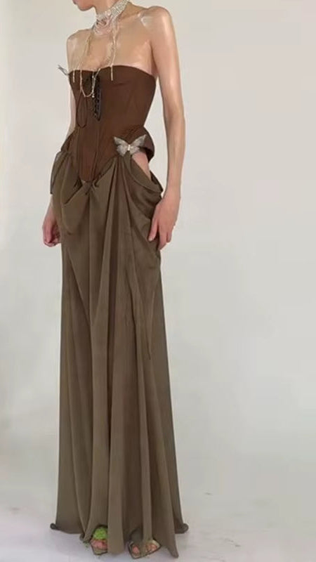 OUDINA New High End Hollow Fishbone off Shoulder Maxi Long Packtwork Elegant Dresses Party Dress for Women