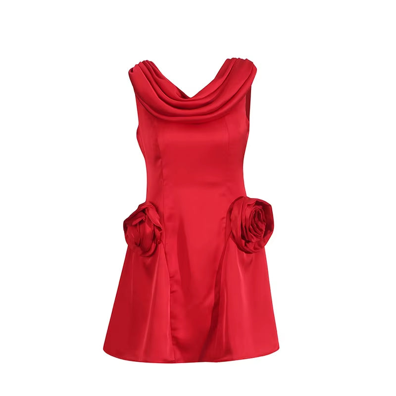 Temperament Style Satin Irregular Three Dimensional Flower Splicing Aline Dresses Elegant Dresses Women Lady Dress