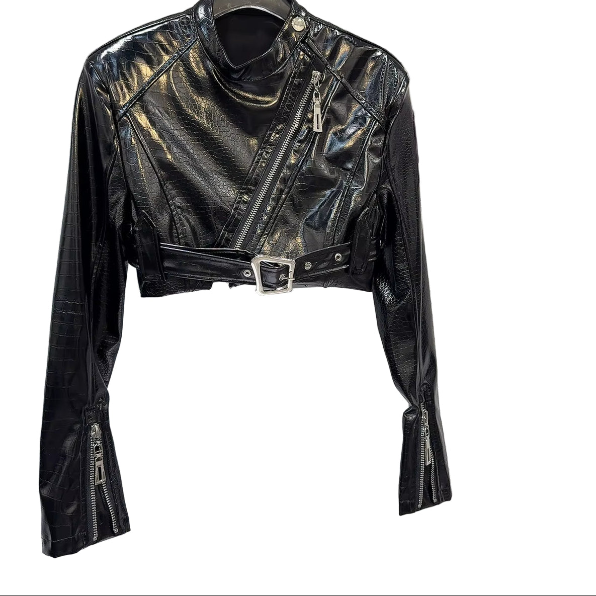 OUDINA New Street Hot Girl Winter Two Piece Zipper Cropped Motorcycle Leather Jackets Women Skirt PU Jacket Set