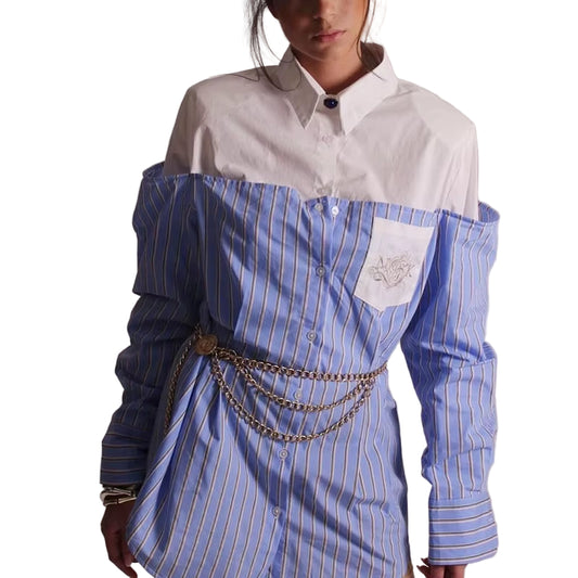 OUDINA High Fashionable Contrast Color Pocket Embroidery Casual Striped Long Sleeve Elegant Women'S Polo Shirts Blouses Shirts