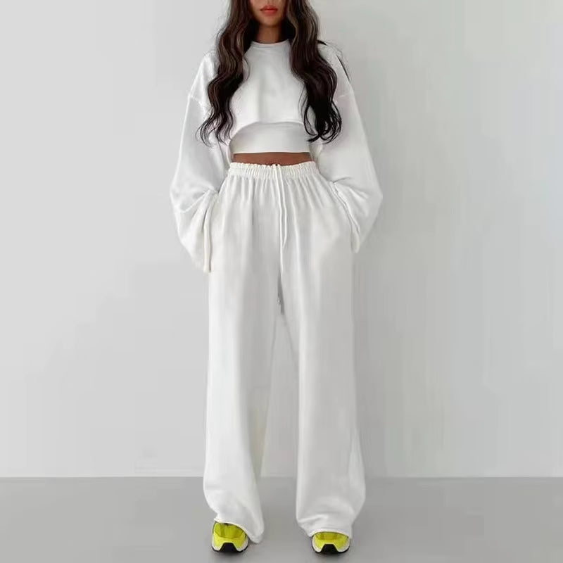 OUDINA Fashionable Casual Crop Vest Sweatshirt Suit Women Three Piece Long-Sleeved Wide Leg Pants Set