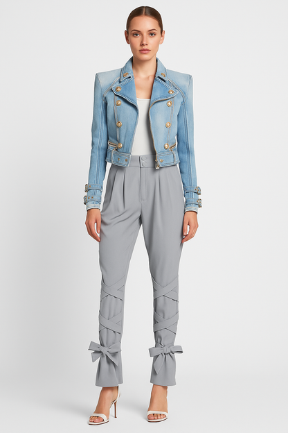 Elevate Your Style with High-Waisted Straight Leg Trousers Featuring Elegant Bow-Tie Details