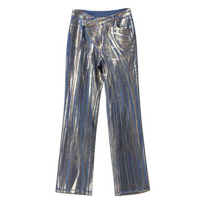 OUDINA Hot Sale Fashion Casual Women'S Denim Pants Print Shiny Denim Jeans Loose Long Jeans for Women