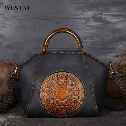 Westal Cowhide Leather Purses and Handbags Vintage Totem Satchel Bag Crossbody Genuine Leather Handbags Tote Bags for Women