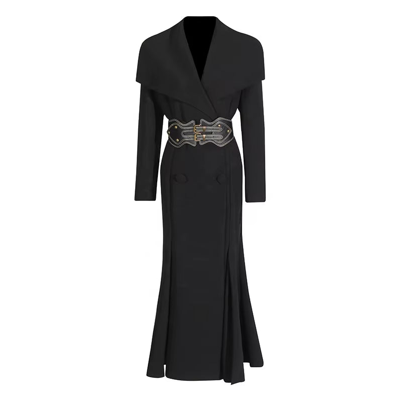 OUDINA Fashion Belt Elegant V-Neck Shawl Long Coat Solid Women'S Coats Simple Trench Coat Women