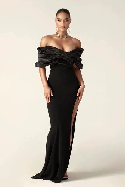 OUDINA Stylish New Dinner Dress One Shoulder Solid Color Pleated Evening Dresses Lady Elegant Long Dress for Women