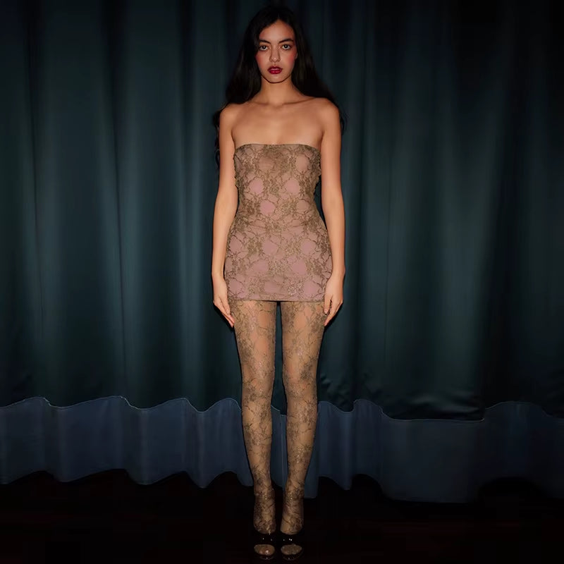 OUDINA Wholesale Hot-Selling Sexy Lace Stockings Women'S Sets Dress Mesh Women Two Piece Set