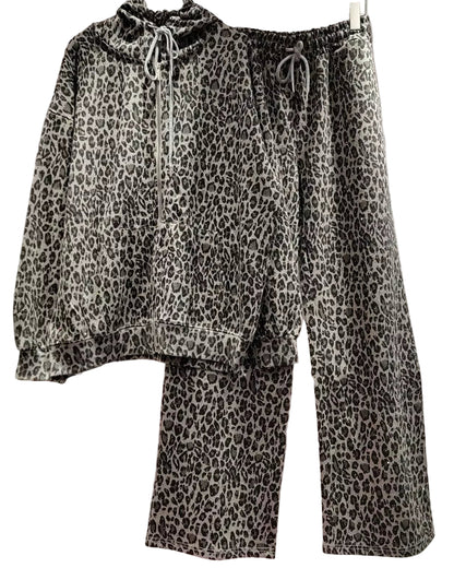 OUDINA Wholesale Women Clothing Casual Print Leopard Top Zipper Sweatshirt Hoodie Pants Sets Two Piece Pants Set