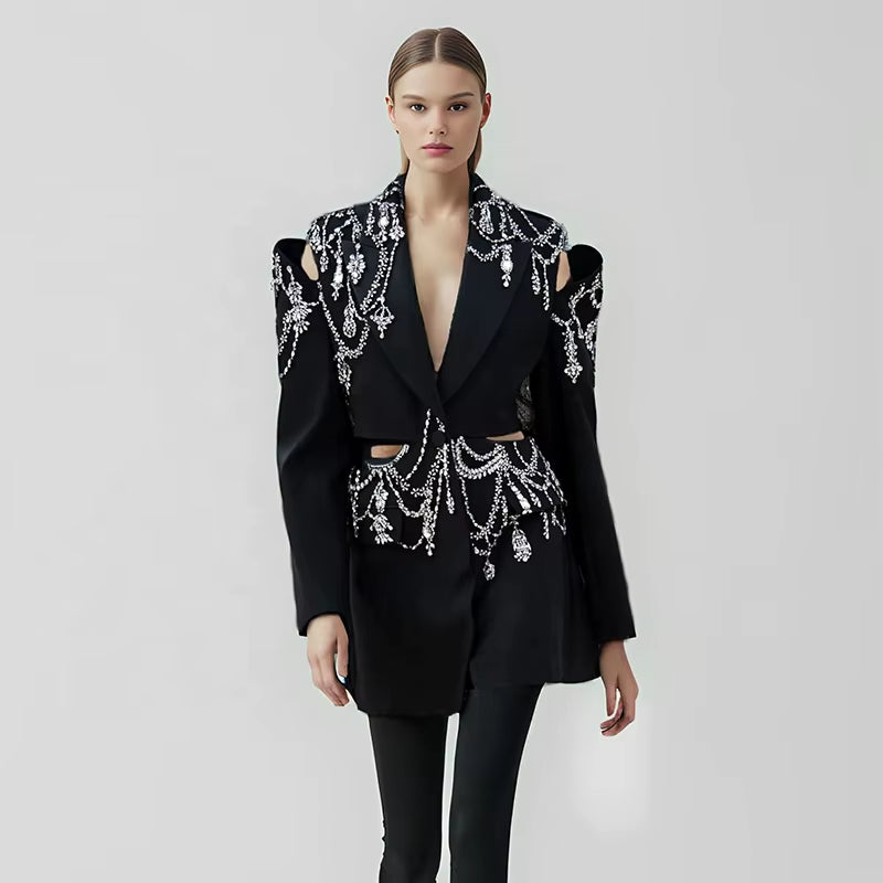 OUDINA Fashionable Hollow Exposed Waist Women'S Blazer Jacket Elegant Blazer for Women Diamond Women'S Blazer