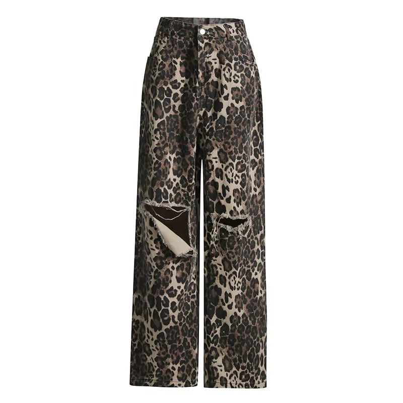 OUDINA New Ripped Leopard Print Vintage Casual Loose Baggy High Waist Straight Pants Denim Boyfriend Women'S Jeans