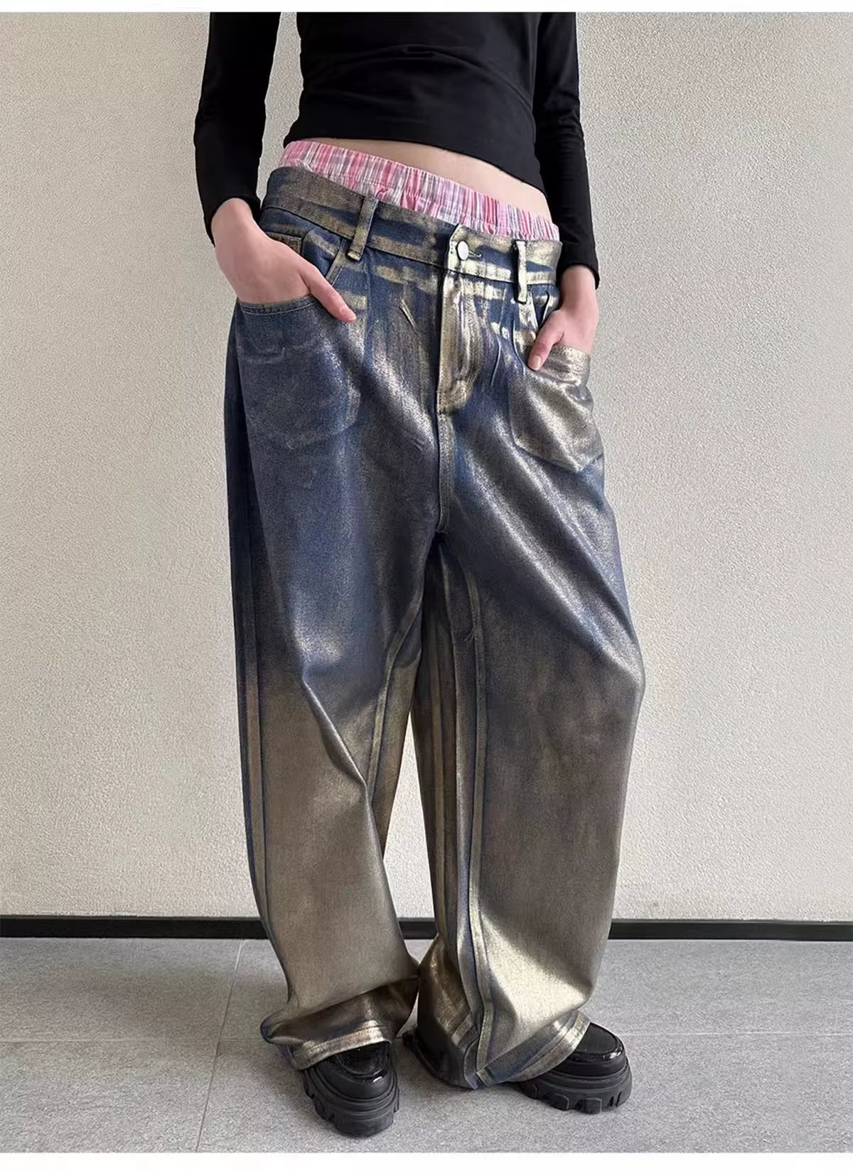 OUDINA Hot Sale Fashion Casual Women'S Denim Pants Print Shiny Denim Jeans Loose Long Jeans for Women