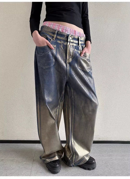 OUDINA Hot Sale Fashion Casual Women'S Denim Pants Print Shiny Denim Jeans Loose Long Jeans for Women
