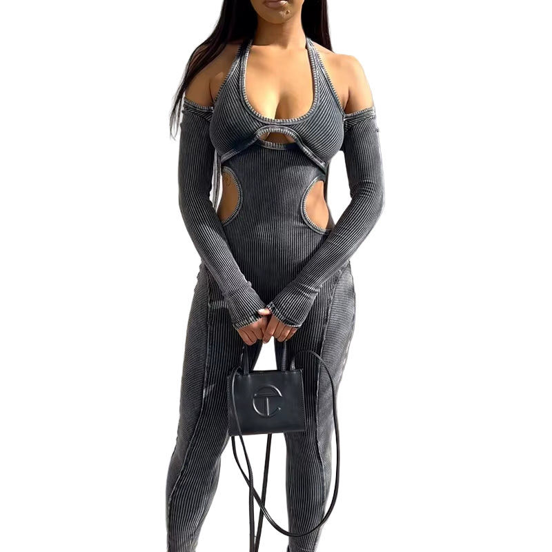 OUDINA Autumn Women'S New Style Backless Jumpsuit Halterneck Hollow Long Sleeve Bodycon Jumpsuits for Women