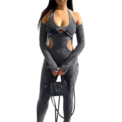 OUDINA Autumn Women'S New Style Backless Jumpsuit Halterneck Hollow Long Sleeve Bodycon Jumpsuits for Women