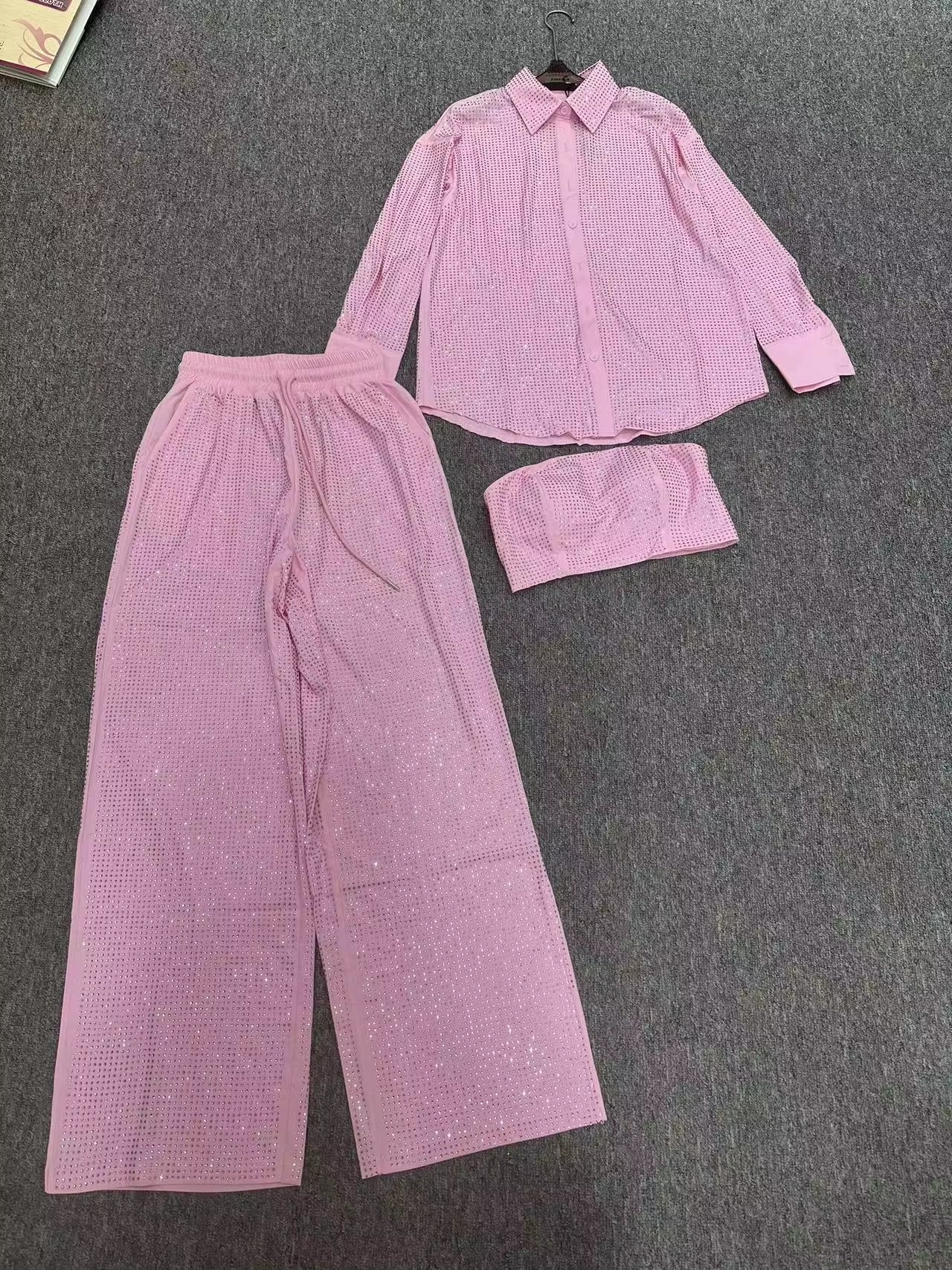 OUDINA New Diamond Sequins Casual Three Piece Tops Shirts Blazer Jacket Pants Sets Rhinestones 3 Piece Set Clothing Women'S Sets