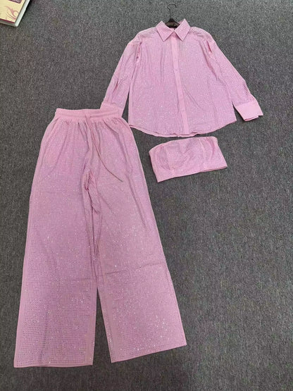 OUDINA New Diamond Sequins Casual Three Piece Tops Shirts Blazer Jacket Pants Sets Rhinestones 3 Piece Set Clothing Women'S Sets