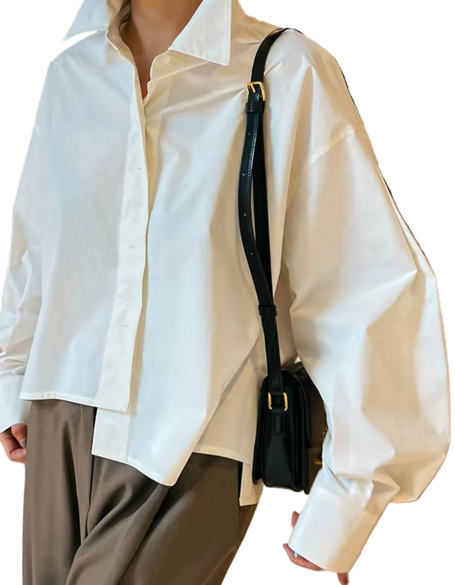 OUDINA French Retro Ruffle Patchwork Shirts for Ladies Spring New Asymmetrical Design Long-Sleeved Women Shirt