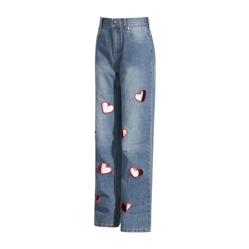 OUDINA Trendy Straight Hollow Heart High Waist Jeans Pants Solid Women'S Denim Pants Casual Women'S Jeans