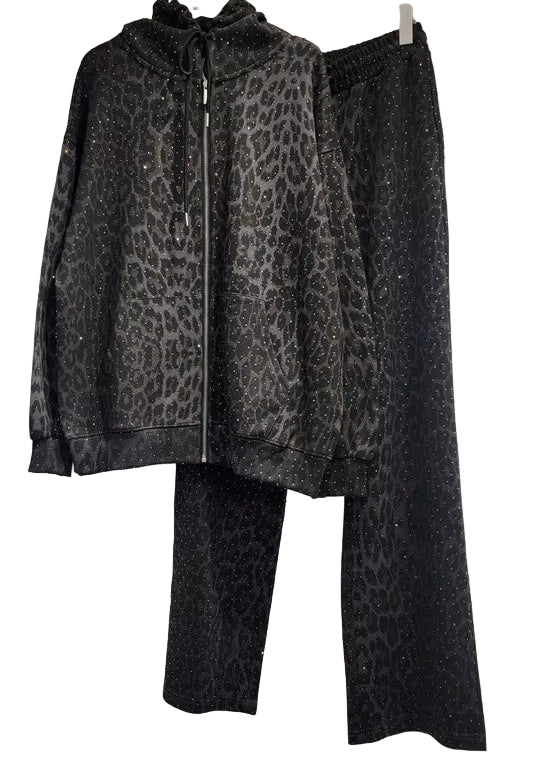 OUDINA Wholesale Women Clothing Casual Print Leopard Top Zipper Sweatshirt Hoodie Pants Sets Two Piece Pants Set