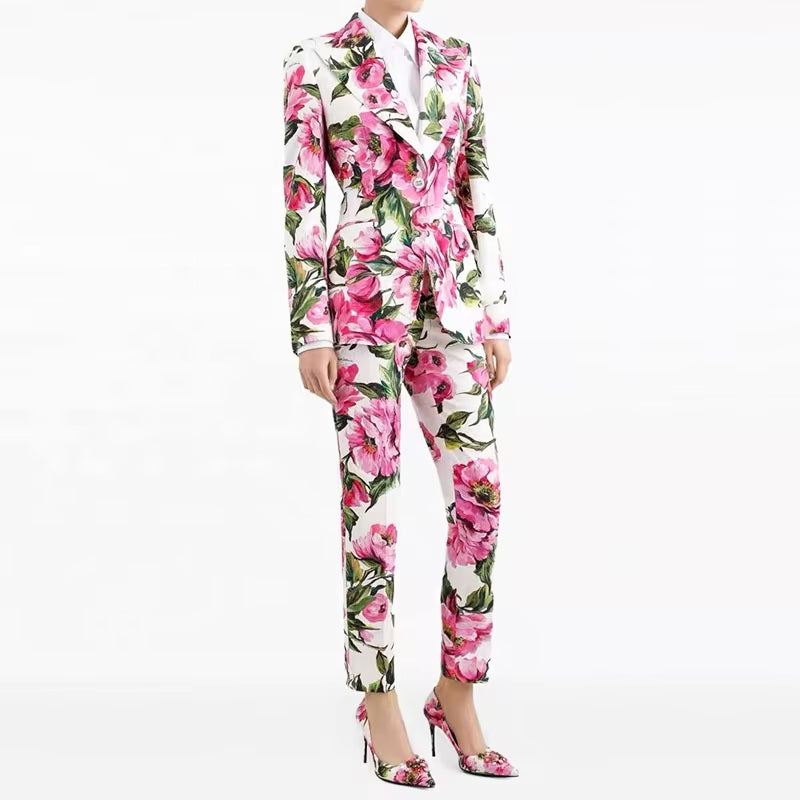 OUDINA New Factory Style Printed XXL Casual Suit Skinny Pants One Button Blazer Two Piece Set Office Women'S Suit Pants
