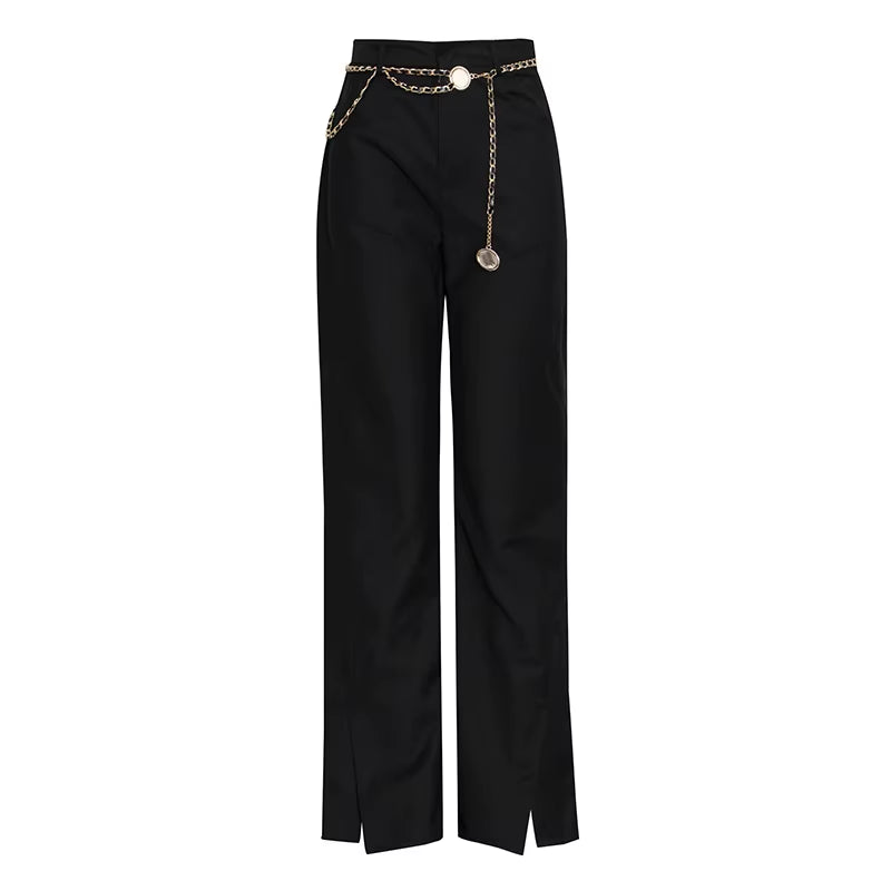 OUDINA British Style Suit Pants 2023 Autumn New High Waist Solid Color Pants Small Slit Chain Belt Straight Woman Pants