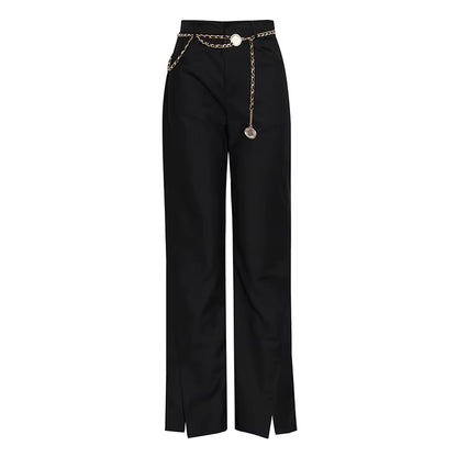 OUDINA British Style Suit Pants 2023 Autumn New High Waist Solid Color Pants Small Slit Chain Belt Straight Woman Pants