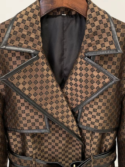 OUDINA Custom Fashion Belt Jacquard Pattern over the Knee Jackets Long Coat Trench Windbreaker Jacket