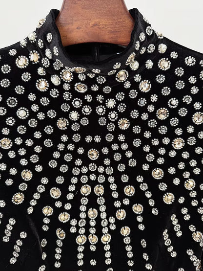 OUDINA 2025 Star Stylish Luxury Long Sleeve Rhinestones Beaded Diamond Gold Velvet plus Size Maxi Long Women Evening Dresses