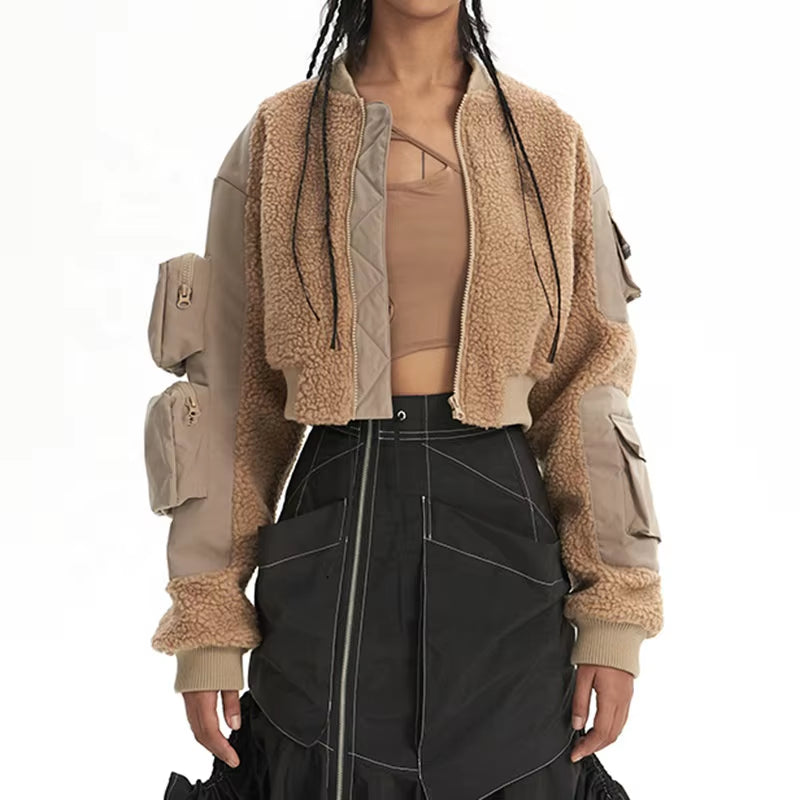 OUDINA Fashionable Multi-Pocket Fur Zipper Lamb Wool Winter Flight Jackets Cargo Coat Women Bomber Jacket