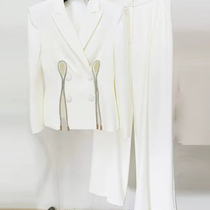 OUDINA Wholesale Trendy OEM Diamond Strip Straight Pants Profession Business Two Piece Set Ladies Blazer Suit for Women