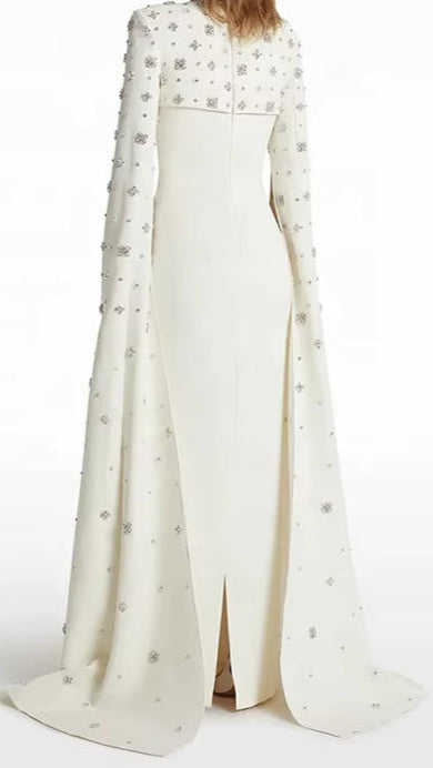 Beaded Diamond Long Cape Sleeve Maxi Dress 