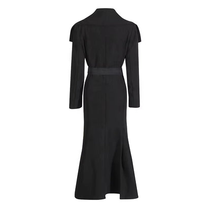 OUDINA Fashion Belt Elegant V-Neck Shawl Long Coat Solid Women'S Coats Simple Trench Coat Women