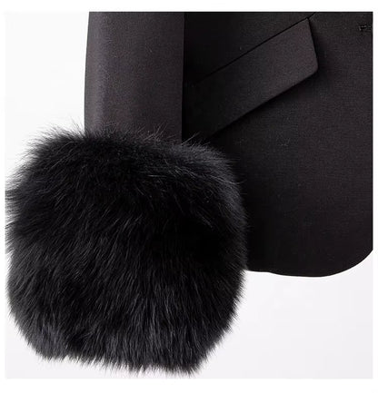 OUDINA Stylish Suit Collar Decoration Diamond Black Coat Blazers for Women Ladies Jackets Blazer