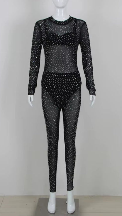 OUDINA Fashion Sexy Transparent Diamond Rhinestone Skinny Party Mesh Sequin Jumpsuit One Piece Women Jumpsuits