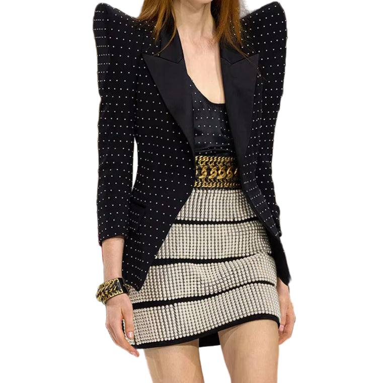 OUDINA Fashion Luxury Style Elegant Blazer Lapel Waist Slim Diamond Rhinestones Suit Jacket Blazers for Ladies