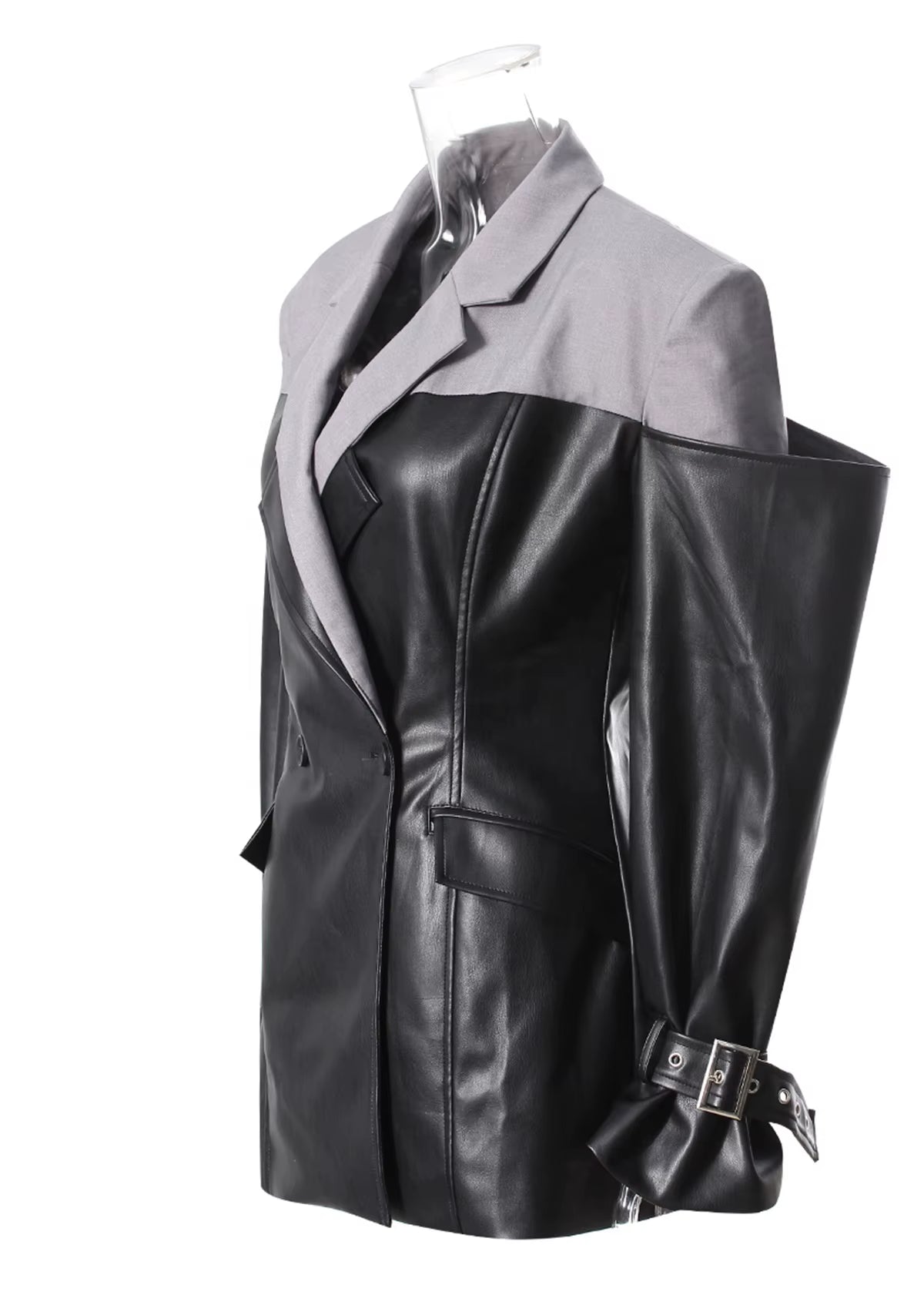 OUDINA Fashion New Personality PU Leather Patchwork Jacket Loose Casual Women Blazer Jacket