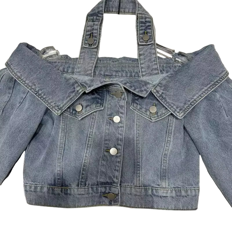 OUDINA Stylish Winter Off-Shoulder Short Crop Edge Wash Jean Jackets for Women Casual Denim Jacket