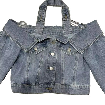 OUDINA Stylish Winter Off-Shoulder Short Crop Edge Wash Jean Jackets for Women Casual Denim Jacket