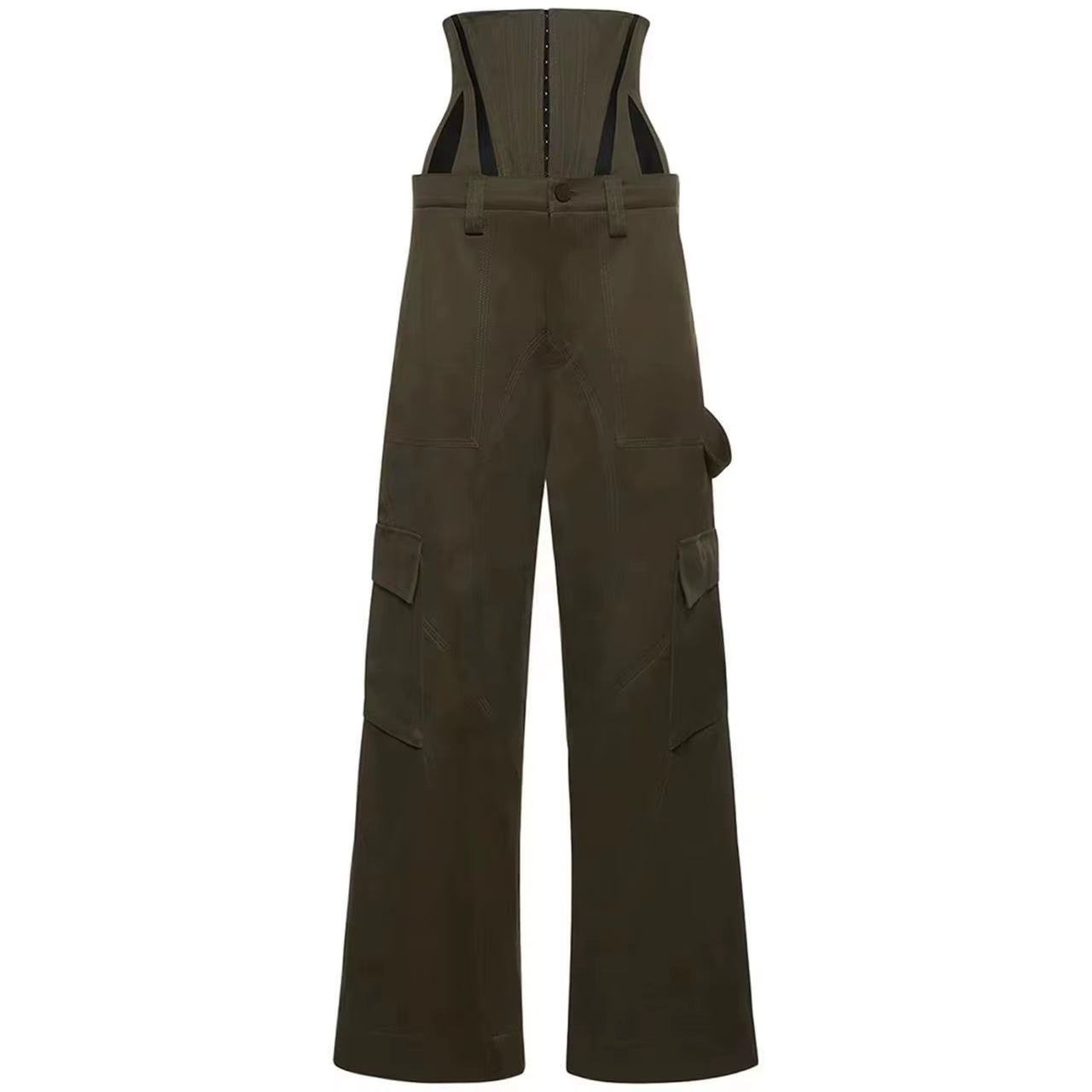 OUDINA Streetwear Wholesale Fishbone Stereotyped Green Loose High Waist Wide Leg Pants Trousers Womens Cargo Pants
