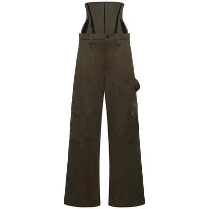 OUDINA Streetwear Wholesale Fishbone Stereotyped Green Loose High Waist Wide Leg Pants Trousers Womens Cargo Pants