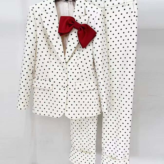 OUDINA Fast Shipping Elegant Bow Decoration Polka Dot Jacket Trousers Pants Blazers Two Piece Set Women'S Suits