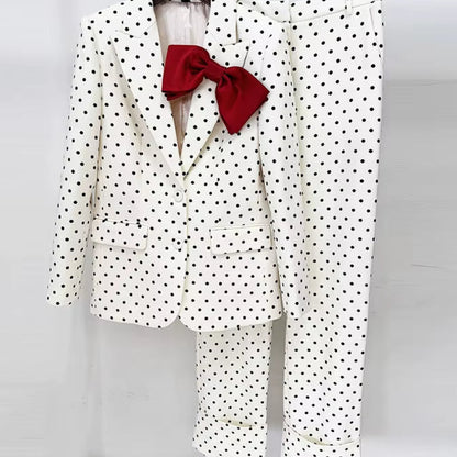 OUDINA Fast Shipping Elegant Bow Decoration Polka Dot Jacket Trousers Pants Blazers Two Piece Set Women'S Suits