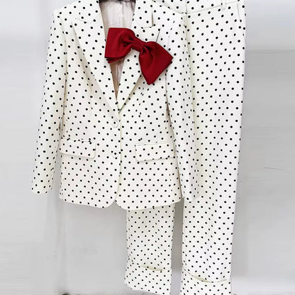 OUDINA Fast Shipping Elegant Bow Decoration Polka Dot Jacket Trousers Pants Blazers Two Piece Set Women'S Suits