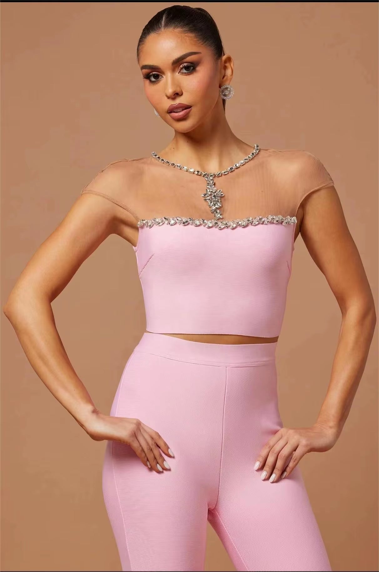 OUDINA Autumn New Sexy Knitted Sets Women Low Collar Vest Long Flared Casual Pants Two Piece Set