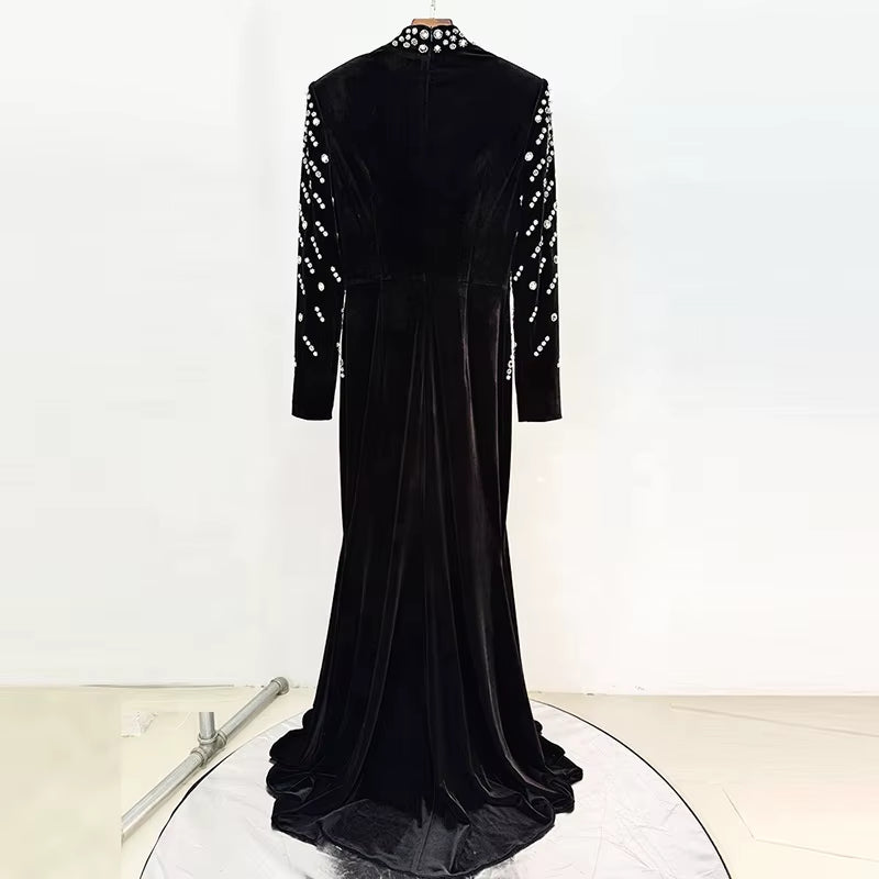 OUDINA 2025 Star Stylish Luxury Long Sleeve Rhinestones Beaded Diamond Gold Velvet plus Size Maxi Long Women Evening Dresses