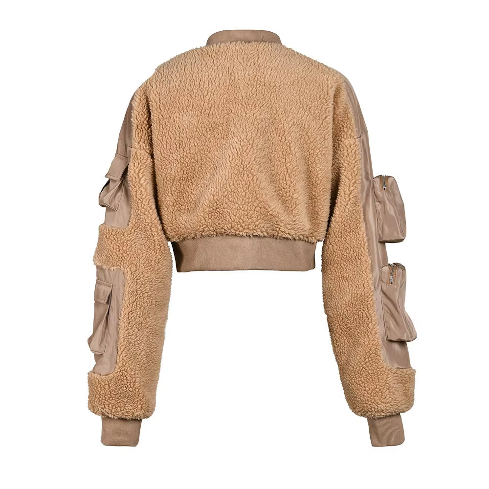 OUDINA Fashionable Multi-Pocket Fur Zipper Lamb Wool Winter Flight Jackets Cargo Coat Women Bomber Jacket