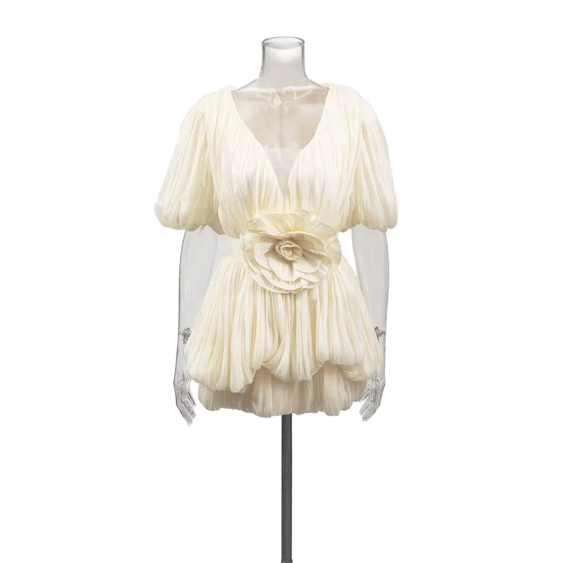 OUDINA Stylish Lady Hotselling Lantern Sleeve Waist-Hugging Hip-Wrapped Flower Pleated Short Women Dresses Modest Casual Dress