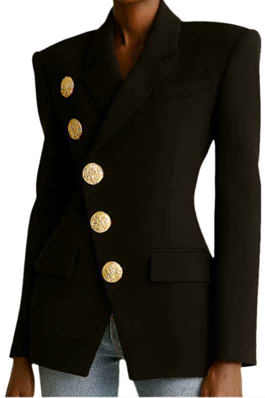 Elegant Pearl Button Black Blazer for Women - Perfect for Any Occasion