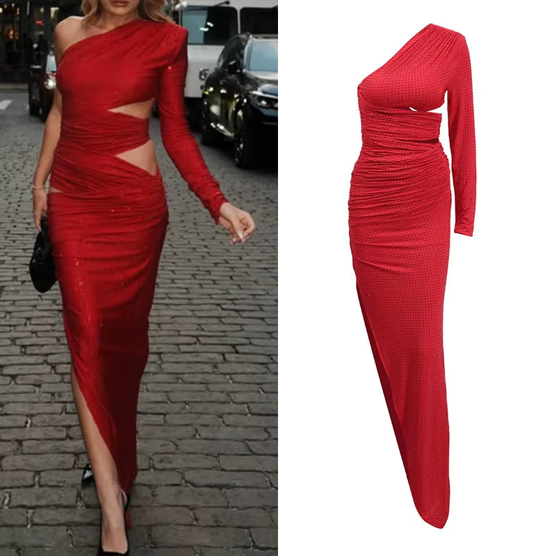 OUDINA New High Quality Fashion Elegant Evening Slim Waist Hip Long Red Dresses Women Dinner Party Dress